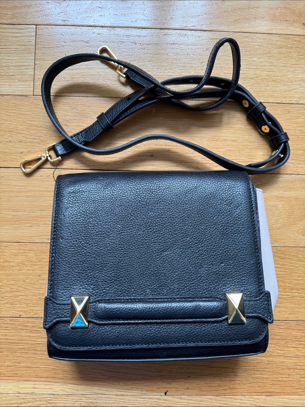 BCBGMAXAZRIA Black Leather Crossbody Bag with Gold Stud Accents